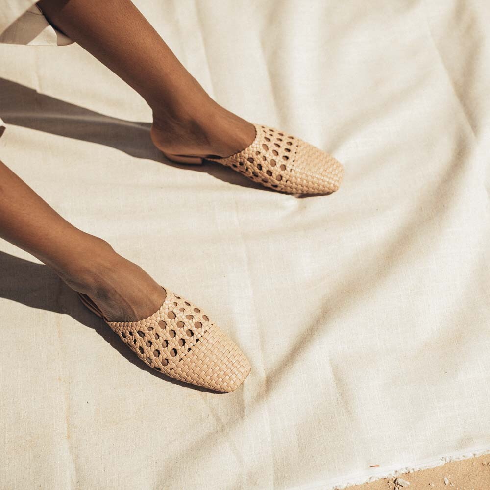 LOQ Handwoven goat leather Tan Slide Sandal UNIQUE